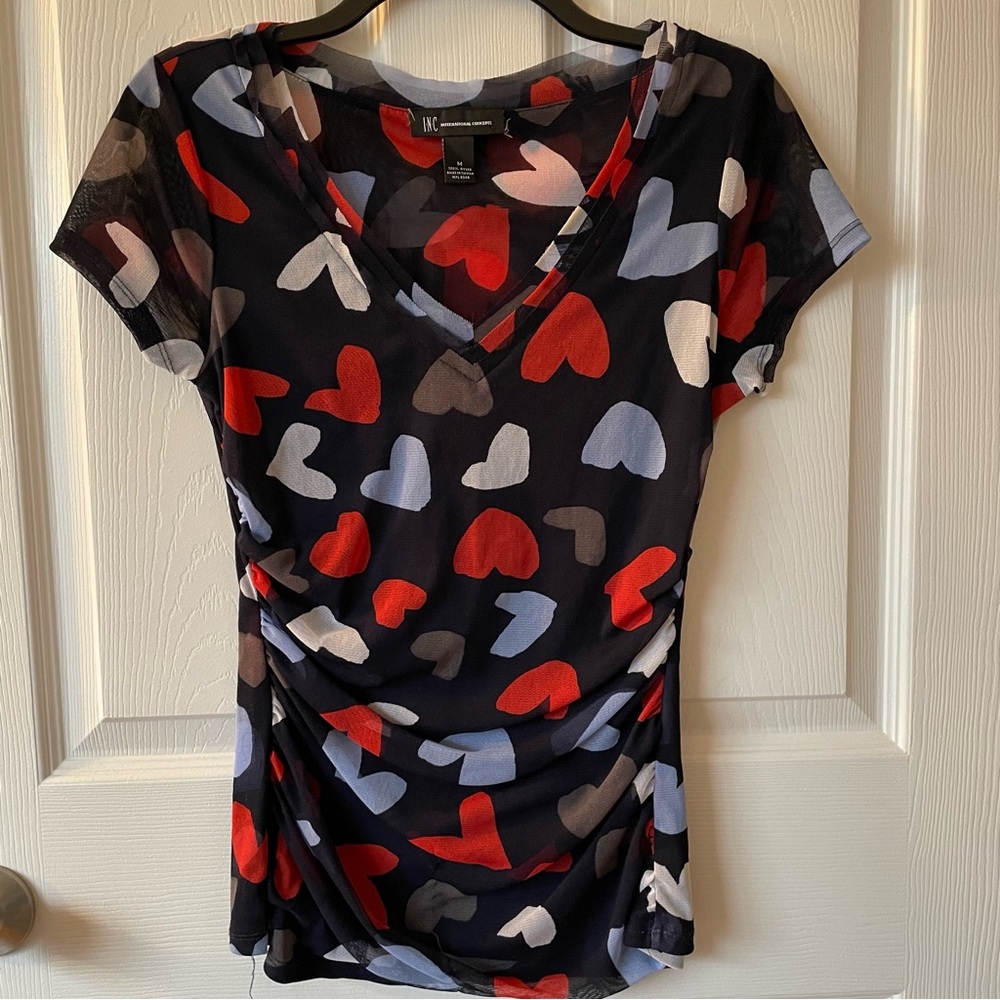 Women’s INC Navy Ruched Top with Hearts Size Medium